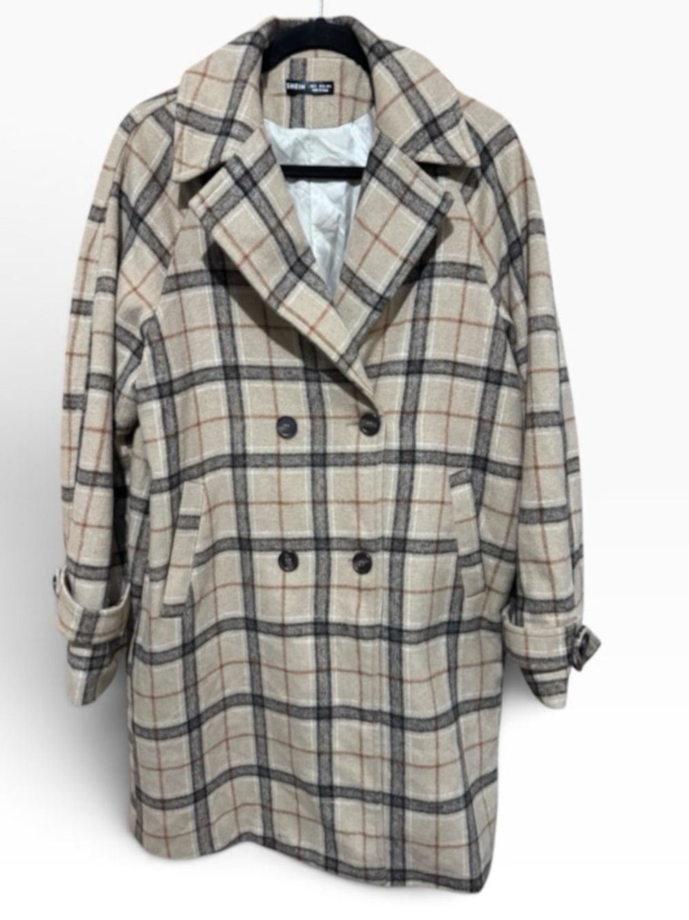 SHEIN Double Breasted Plaid Trench Coat Beige Grey Checked Overcoat Size Small